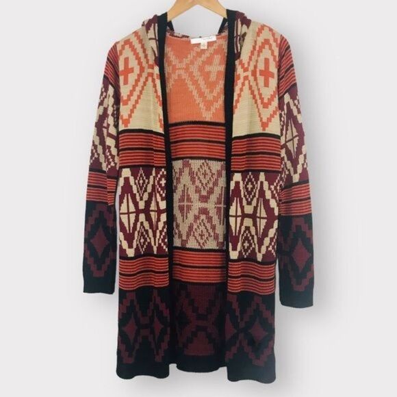 SAY WHAT? Boho Knit Hooded Open Front Southwestern Cardigan XS Tan Multi - Picture 1 of 10